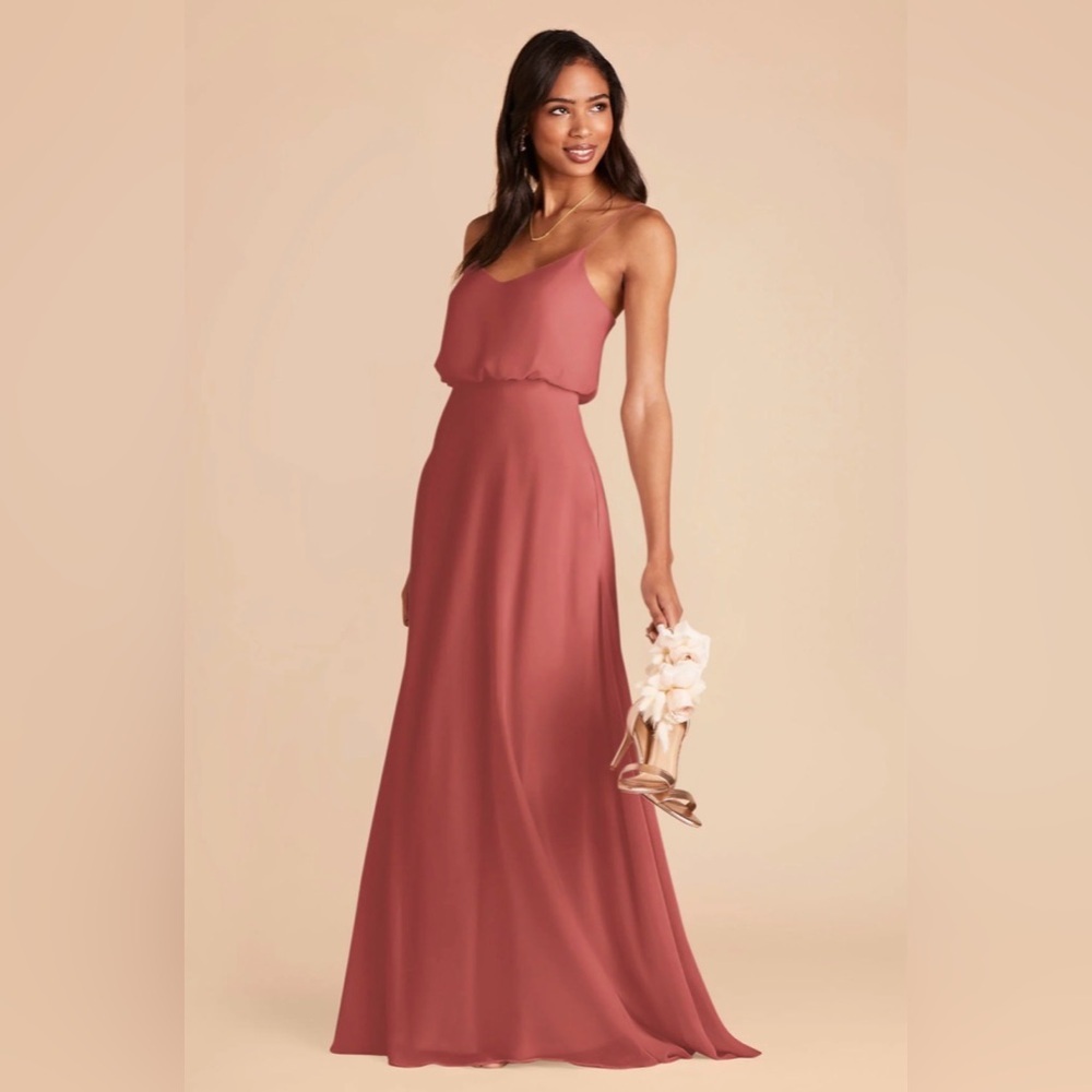 Bill Levkoff Chiffon V-Neck Spaghetti Strap Maxi Bridesmaid Dress - Dusty Rose - Picture 2 of 10